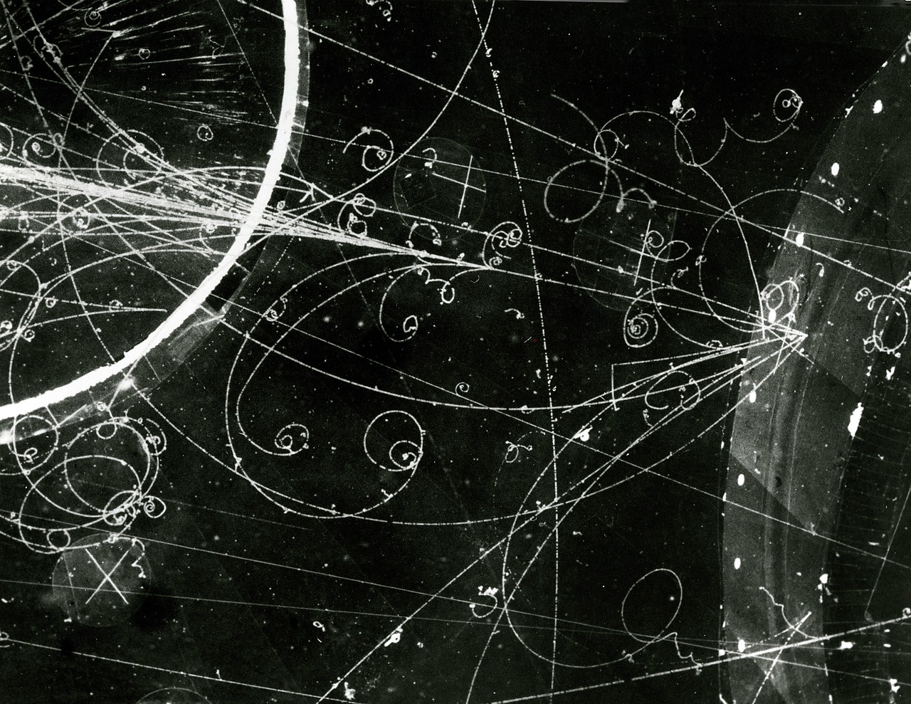 Particle tracks in bubble chamber. Courtegy of Brookhaven National Laboratory.